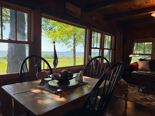 21393 324th Pl, Lakeside Twp, MN 56342 - dining room with a water view, wood walls, and a wood ceiling with exposed beams