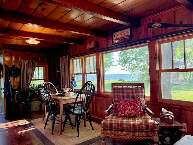 21393 324th Pl, Lakeside Twp, MN 56342 - dining room featuring a wooden ceiling with exposed beams, wooden walls, wood finished floors, and a water view