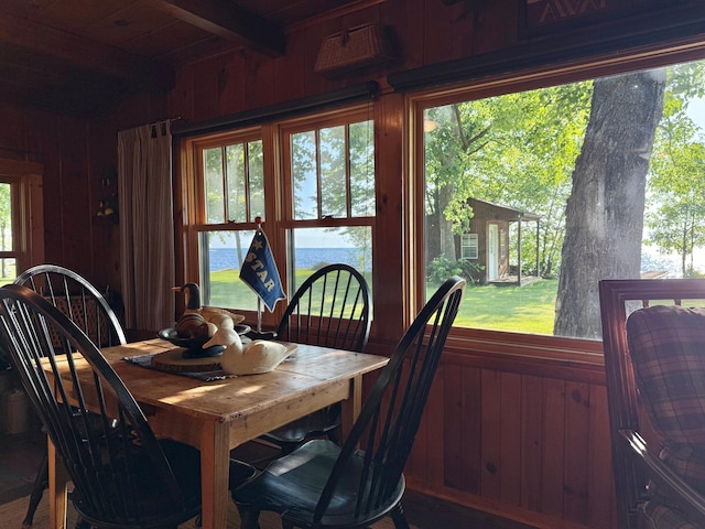 21393 324th Pl, Lakeside Twp, MN 56342 - dining space with wooden walls and beam ceiling