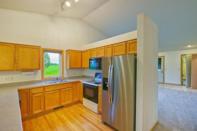 343 Perch Ln, Winsted, MN 55395 - kitchen with stainless steel fridge, white electric range, black microwave, light carpet, and track lighting