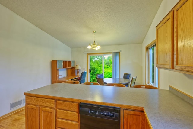 343 Perch Ln, Winsted, MN 55395 - kitchen with dishwasher, light wood finished floors, a chandelier, lofted ceiling, and a peninsula