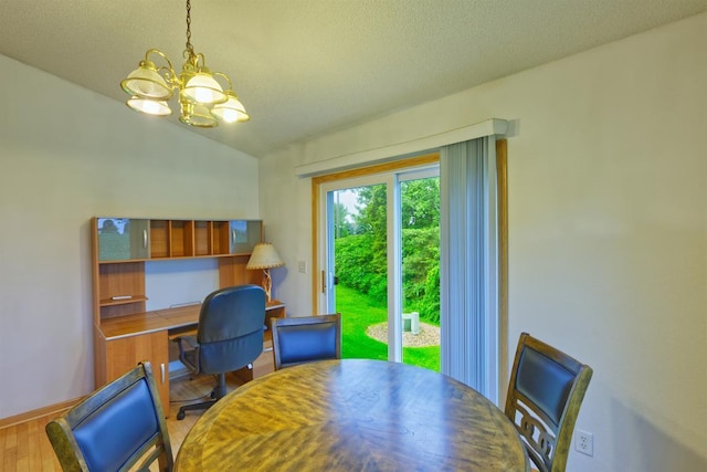 343 Perch Ln, Winsted, MN 55395 - office area featuring a chandelier, wood finished floors, and vaulted ceiling
