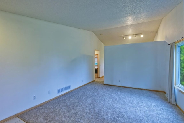 343 Perch Ln, Winsted, MN 55395 - carpeted empty room with vaulted ceiling, rail lighting, and a textured ceiling