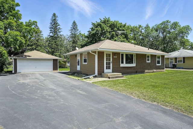 11439 Heights Dr NW, Coon Rapids, MN 55433 - single story home featuring a detached garage, an outdoor structure, a front yard, and a shingled roof