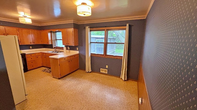 122 Plainview Ave, Mankato, MN 56001 - kitchen featuring light countertops, ornamental molding, freestanding refrigerator, and a peninsula