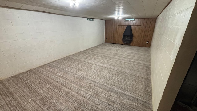 122 Plainview Ave, Mankato, MN 56001 - finished basement featuring carpet, concrete block wall, and a wood stove
