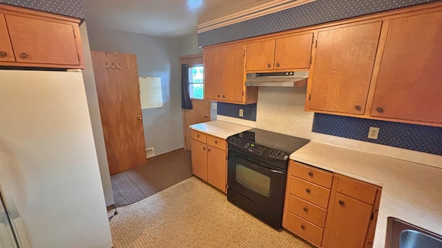 122 Plainview Ave, Mankato, MN 56001 - kitchen with electric range, freestanding refrigerator, under cabinet range hood, light countertops, and light flooring