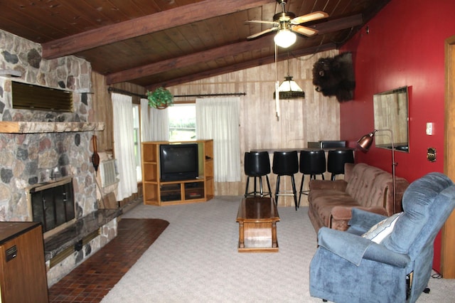 34497 Quiken Rd, Motley, MN 56466 - living room featuring wood ceiling, a fireplace, a ceiling fan, and carpet floors