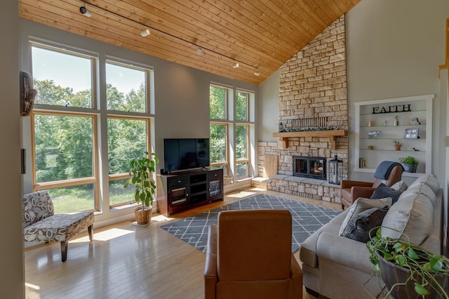 20428 Pheasant Trl, Brainerd, MN 56401 - living area with rail lighting, wooden ceiling, hardwood / wood-style floors, a stone fireplace, and high vaulted ceiling