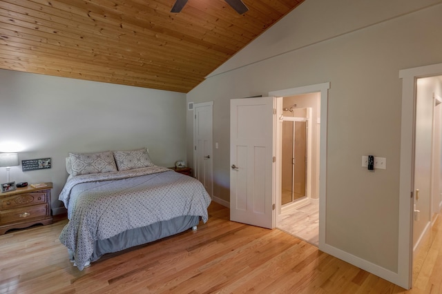 20428 Pheasant Trl, Brainerd, MN 56401 - bedroom featuring light wood-style floors, high vaulted ceiling, wood ceiling, and ceiling fan