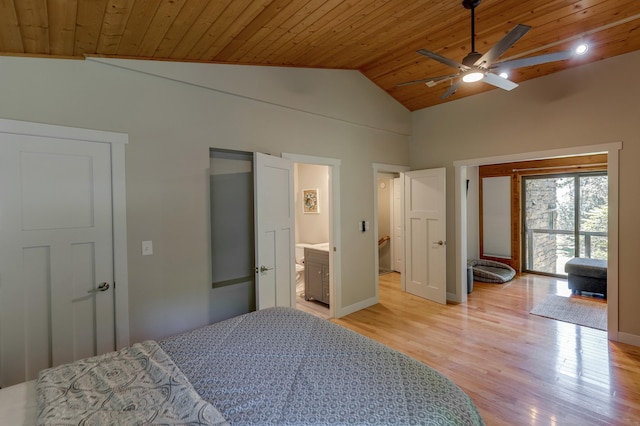 20428 Pheasant Trl, Brainerd, MN 56401 - bedroom with wood ceiling, light wood finished floors, access to outside, high vaulted ceiling, and connected bathroom