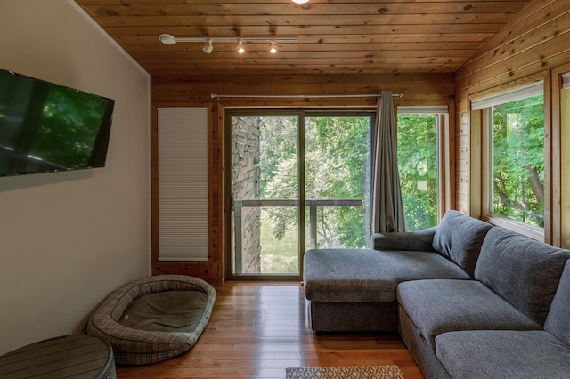 20428 Pheasant Trl, Brainerd, MN 56401 - living room featuring track lighting, wood finished floors, vaulted ceiling, wood ceiling, and wooden walls