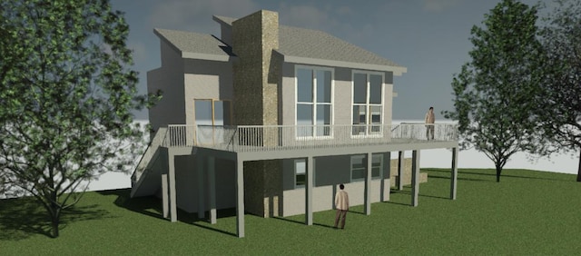 20428 Pheasant Trl, Brainerd, MN 56401 - back of house with stucco siding, a lawn, a chimney, and a balcony