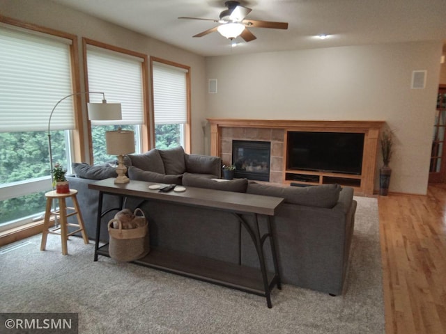 6640 Fountain Ct N, Maple Grove, MN 55311 - living room with plenty of natural light, a fireplace, a ceiling fan, and wood finished floors