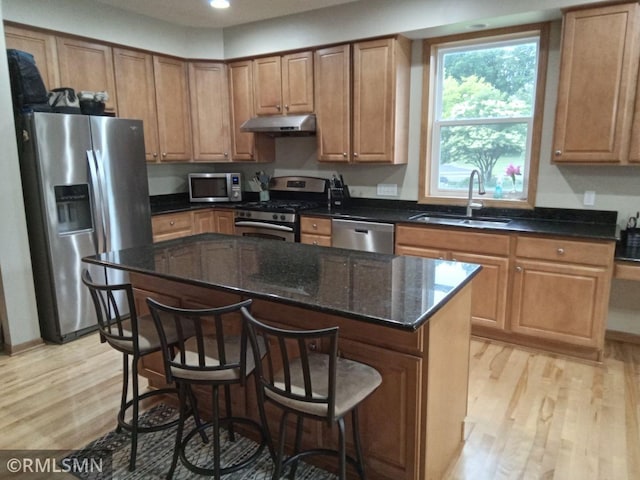 6640 Fountain Ct N, Maple Grove, MN 55311 - kitchen featuring appliances with stainless steel finishes, light wood finished floors, a kitchen island, a kitchen bar, and under cabinet range hood