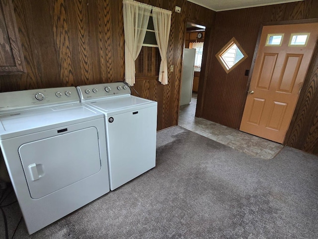 808 5th St SW, Pipestone, MN 56164 - washroom with washing machine and clothes dryer, carpet flooring, and wood walls
