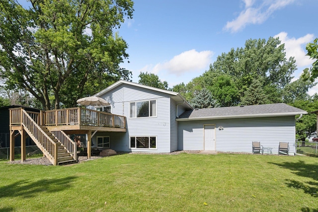 6520 Nathan Ln N, Maple Grove, MN 55369 - rear view of property featuring a deck, stairs, and a shingled roof