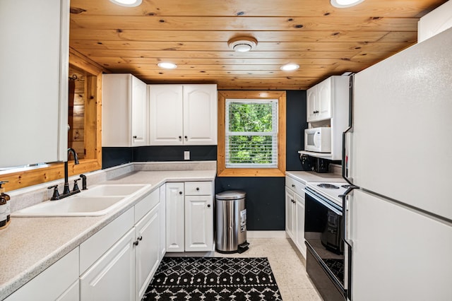 51122 Long Point Pl, Mcgregor, MN 55760 - kitchen featuring white appliances, wooden ceiling, white cabinetry, light countertops, and recessed lighting