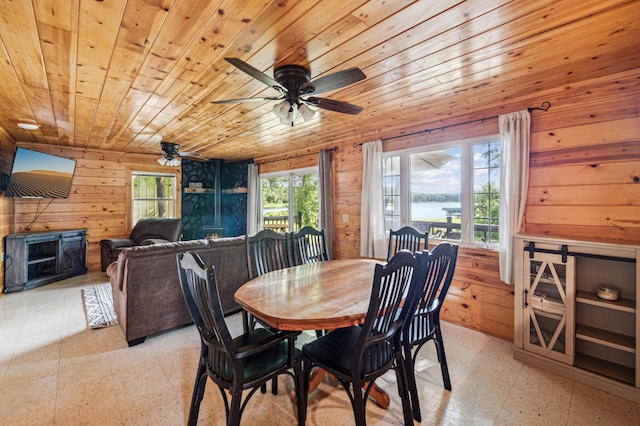 51122 Long Point Pl, Mcgregor, MN 55760 - dining area featuring light floors, wooden ceiling, wooden walls, and a ceiling fan