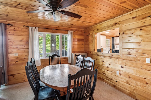 51122 Long Point Pl, Mcgregor, MN 55760 - dining area with wooden walls, wood ceiling, ceiling fan, and light floors