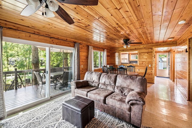 51122 Long Point Pl, Mcgregor, MN 55760 - living room with a ceiling fan, wood ceiling, wooden walls, and light floors