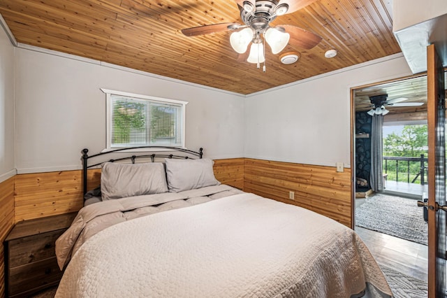 51122 Long Point Pl, Mcgregor, MN 55760 - bedroom with wood ceiling, access to exterior, wooden walls, a wainscoted wall, and a ceiling fan
