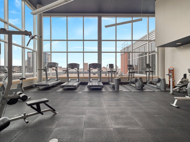 215 10th Ave S Unit 112, Minneapolis, MN 55415 - workout area with a high ceiling, a city view, and a wall of windows