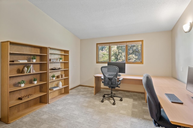 11409 Bren Rd, Minnetonka, MN 55343 - office with a textured ceiling, light colored carpet, and vaulted ceiling