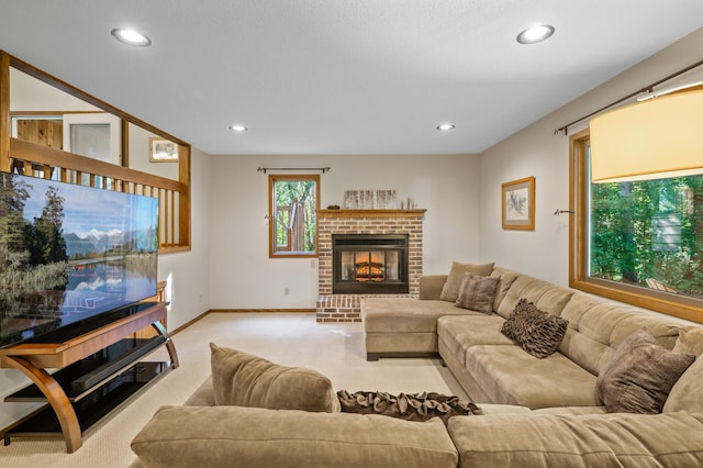 11409 Bren Rd, Minnetonka, MN 55343 - carpeted living area with recessed lighting and a brick fireplace
