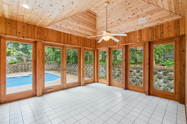 7005 Valley View Rd, Edina, MN 55439 - unfurnished sunroom with wooden ceiling, tile patterned flooring, high vaulted ceiling, and wooden walls