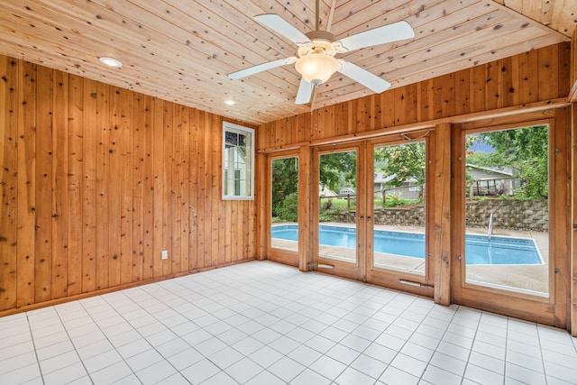 7005 Valley View Rd, Edina, MN 55439 - unfurnished room featuring plenty of natural light, wood walls, wooden ceiling, recessed lighting, and ceiling fan