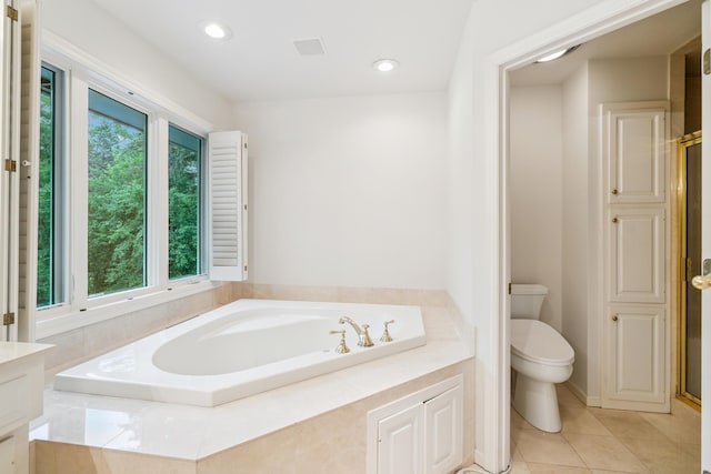 7005 Valley View Rd, Edina, MN 55439 - bathroom with a garden tub, tile patterned flooring, a stall shower, and recessed lighting