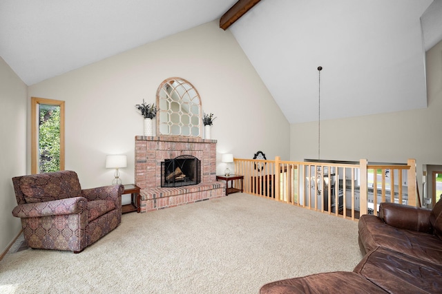 16391 Adret Ct, Eden Prairie, MN 55346 - living room featuring carpet floors, high vaulted ceiling, beam ceiling, and a fireplace