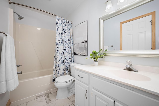 16391 Adret Ct, Eden Prairie, MN 55346 - full bathroom featuring vanity, shower / bath combo with shower curtain, and marble finish flooring
