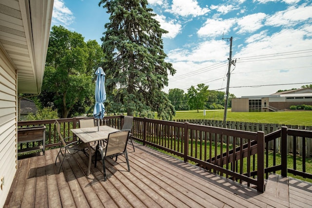 16391 Adret Ct, Eden Prairie, MN 55346 - wooden deck featuring outdoor dining area and a yard