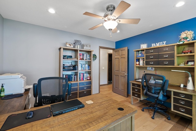27858 Nathan Ln, Chisago Lake Twp, MN 55045 - office area with a ceiling fan, light wood-style flooring, and recessed lighting