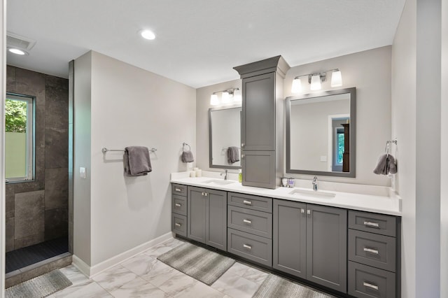 27858 Nathan Ln, Chisago Lake Twp, MN 55045 - full bath with marble finish flooring, double vanity, a walk in shower, and recessed lighting