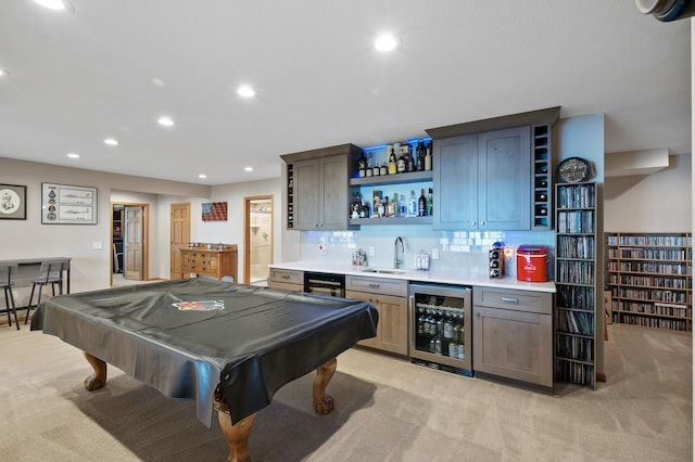 27858 Nathan Ln, Chisago Lake Twp, MN 55045 - rec room featuring beverage cooler, bar with sink, light colored carpet, recessed lighting, and billiards