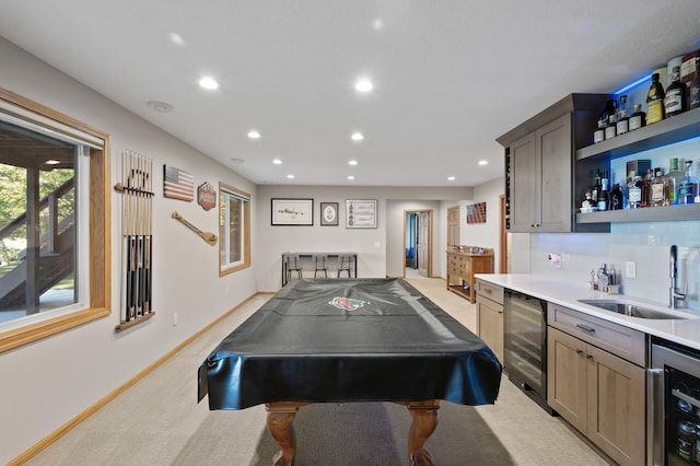 27858 Nathan Ln, Chisago Lake Twp, MN 55045 - recreation room featuring beverage cooler, wet bar, recessed lighting, light colored carpet, and billiards table