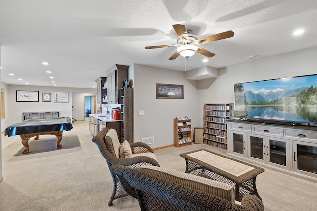 27858 Nathan Ln, Chisago Lake Twp, MN 55045 - living room with light colored carpet, billiards, a ceiling fan, and recessed lighting