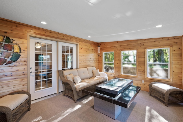27858 Nathan Ln, Chisago Lake Twp, MN 55045 - living room with carpet flooring, wooden walls, and recessed lighting