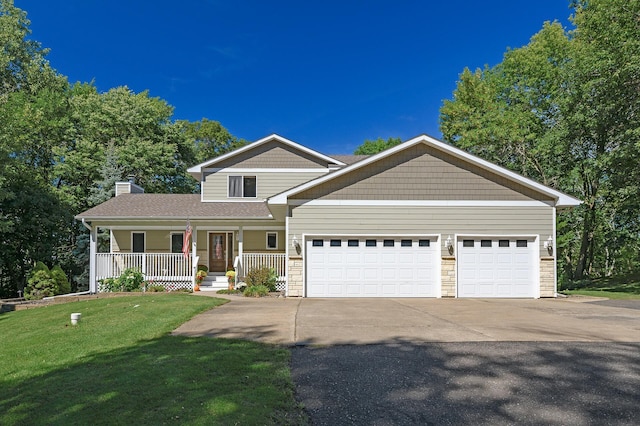 27858 Nathan Ln, Chisago Lake Twp, MN 55045 - view of front of home with driveway, a garage, a front yard, covered porch, and a chimney