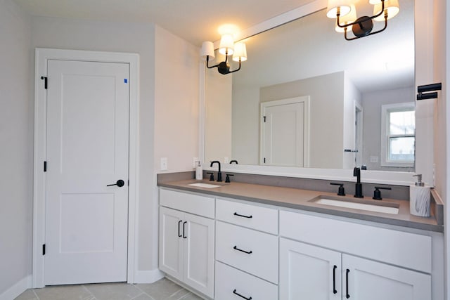 5120 Coronado Dr, Woodbury, MN 55129 - full bathroom with double vanity, a chandelier, and tile patterned floors