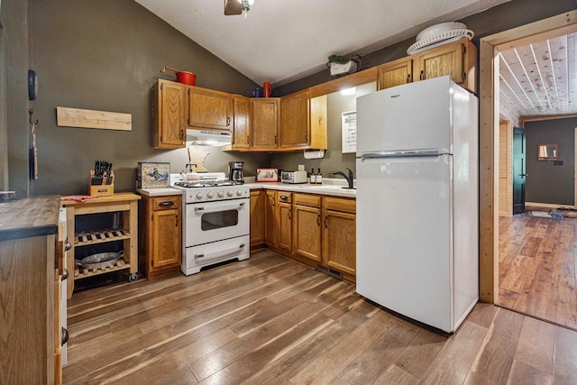 38985 337th Ln, Aitkin, MN 56431 - kitchen featuring white appliances, under cabinet range hood, wood-type flooring, lofted ceiling, and light countertops