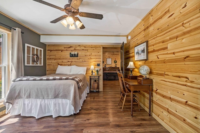 38985 337th Ln, Aitkin, MN 56431 - bedroom with wood walls, vaulted ceiling, wood finished floors, and a ceiling fan