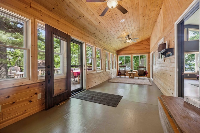 38985 337th Ln, Aitkin, MN 56431 - unfurnished sunroom featuring wooden walls, lofted ceiling, tile patterned floors, and wood ceiling
