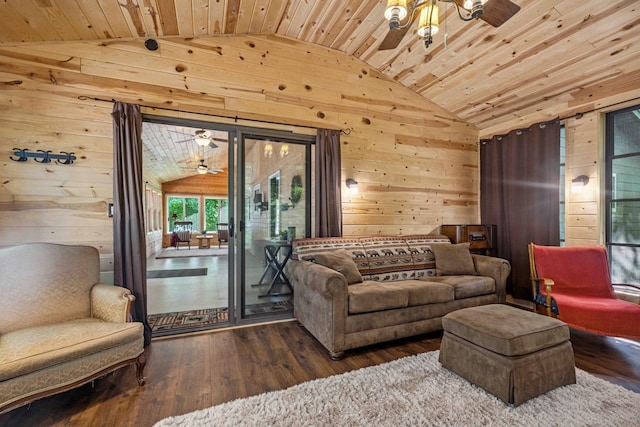 38985 337th Ln, Aitkin, MN 56431 - living room featuring vaulted ceiling, wood walls, ceiling fan, hardwood / wood-style floors, and wooden ceiling