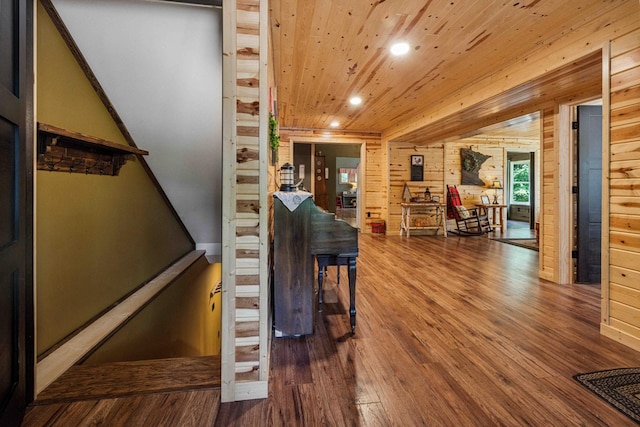 38985 337th Ln, Aitkin, MN 56431 - stairs featuring recessed lighting, wood finished floors, wooden walls, and wood ceiling