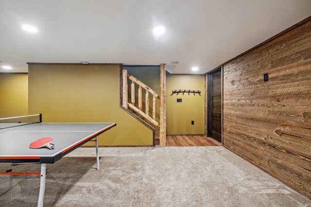 38985 337th Ln, Aitkin, MN 56431 - playroom with carpet flooring, recessed lighting, and wooden walls