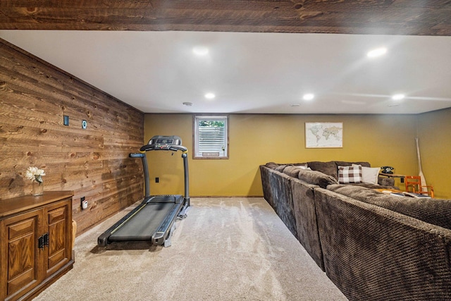38985 337th Ln, Aitkin, MN 56431 - workout area featuring carpet floors, wooden walls, and recessed lighting